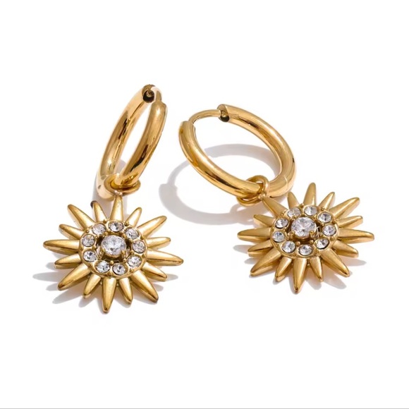 Sunburst 18K Gold Stainless Steel Hoop Earrings - Picture 2 of 9